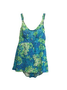 Vintage Catalina One-Piece Skirted Swimsuit Blue Green Floral Size 16